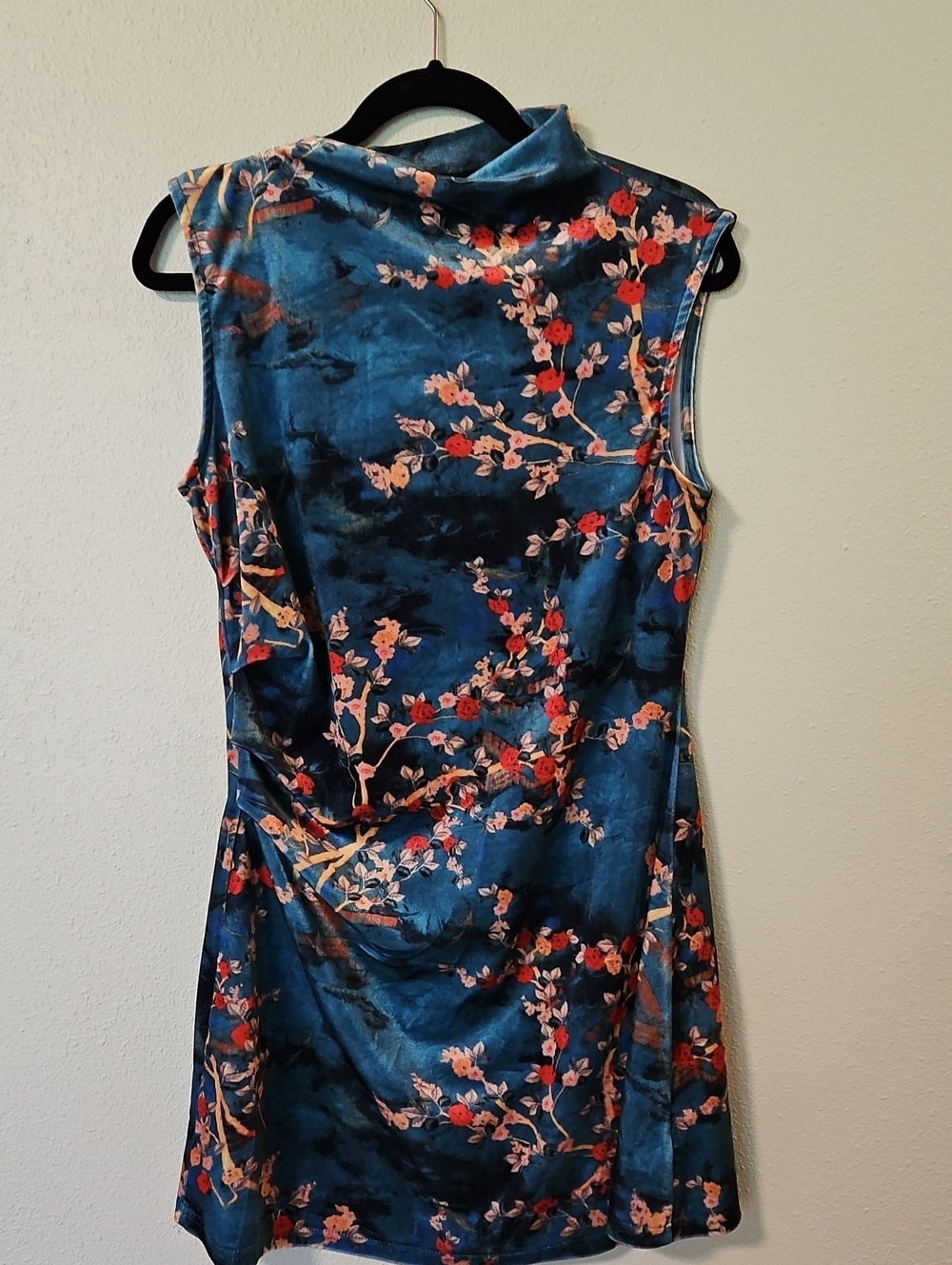 Cider Floral Velvet A-Line Dress in Teal Blue